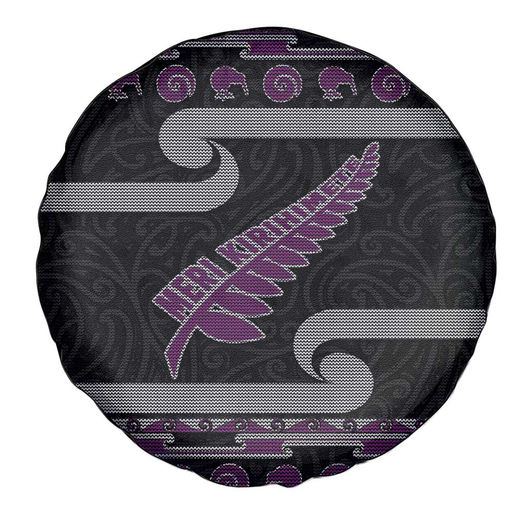 New Zealand Christmas Spare Tire Cover Meri Kirihimete Silver Fern Knit Style Purple Color - Polynesian Pride