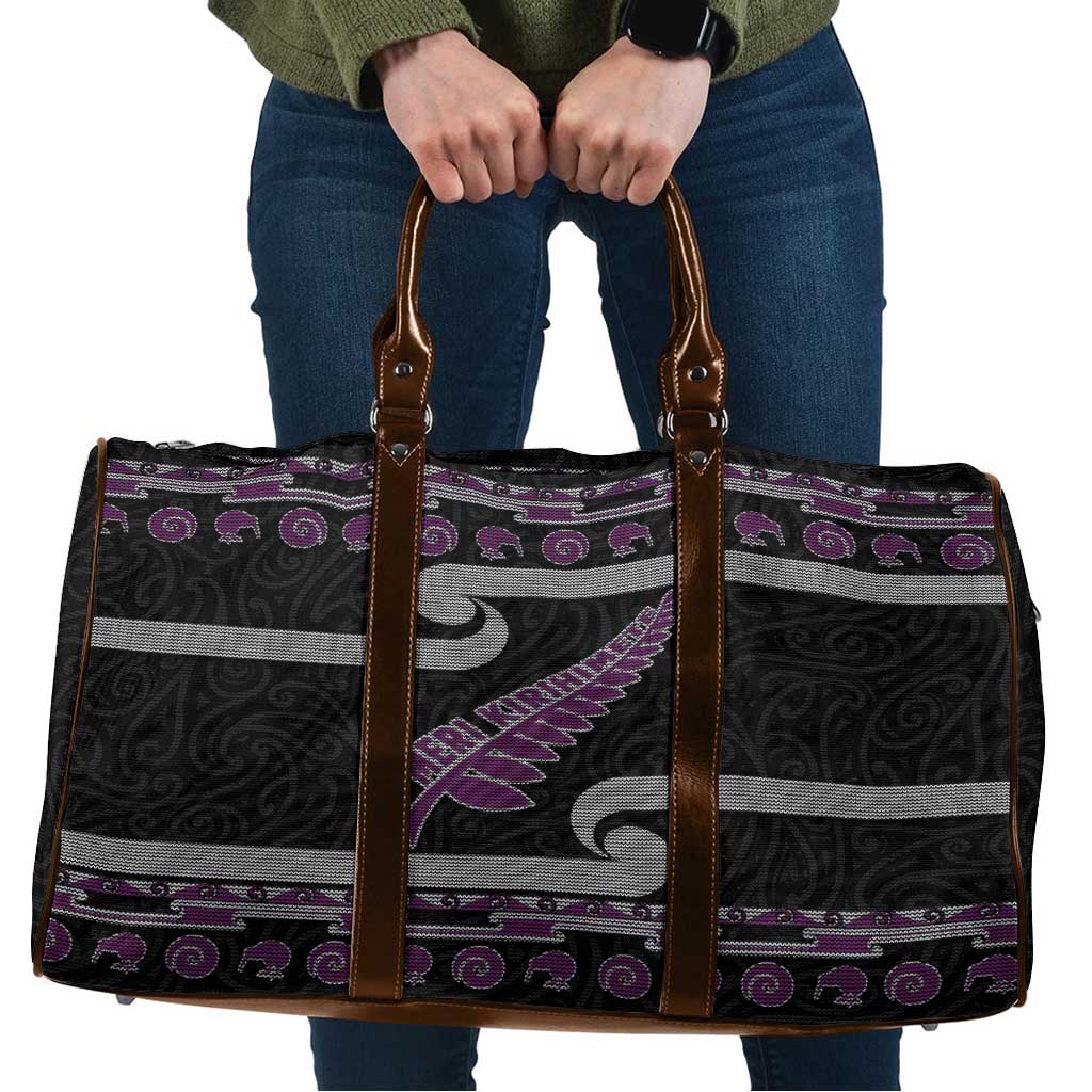 New Zealand Christmas Travel Bag Meri Kirihimete Silver Fern Knit Style Purple Color - Polynesian Pride