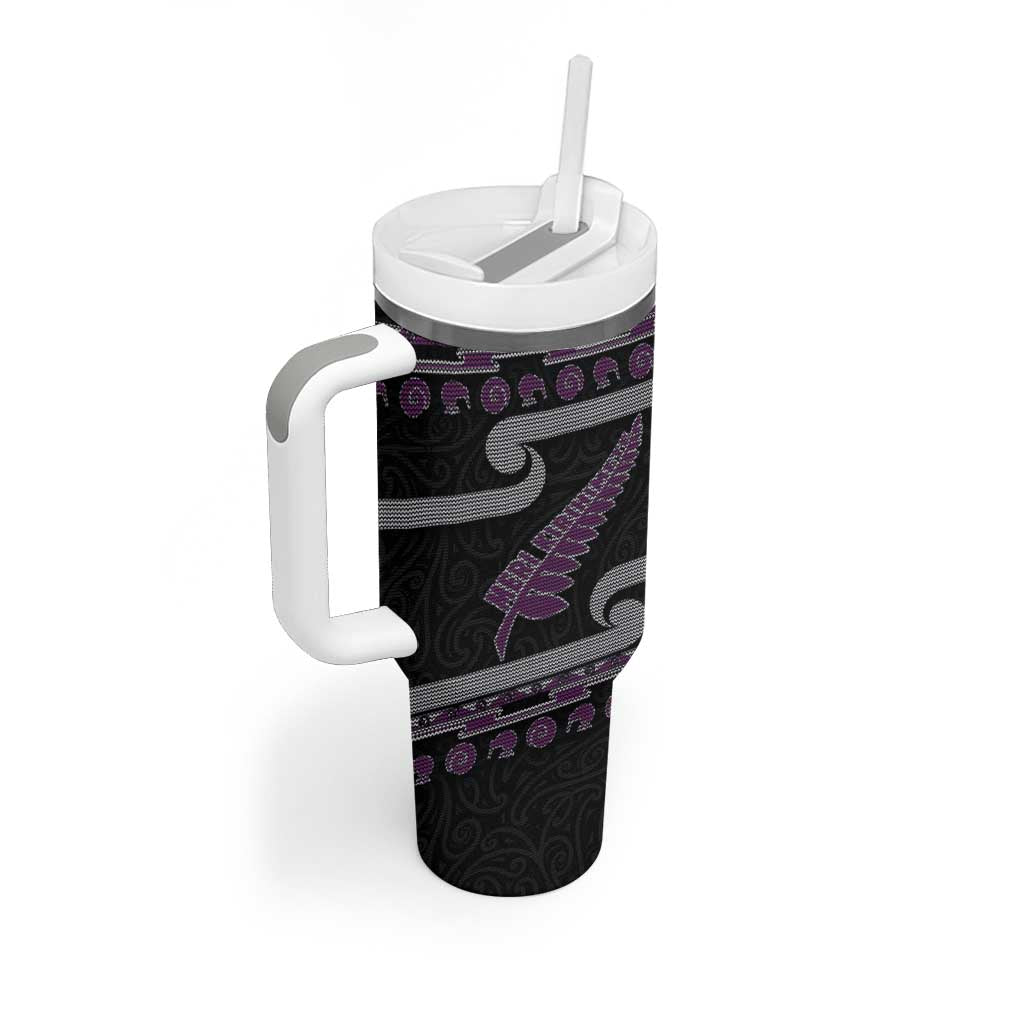 New Zealand Christmas Tumbler With Handle Meri Kirihimete Silver Fern Knit Style Purple Color - Polynesian Pride