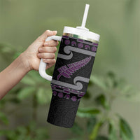 New Zealand Christmas Tumbler With Handle Meri Kirihimete Silver Fern Knit Style Purple Color - Polynesian Pride