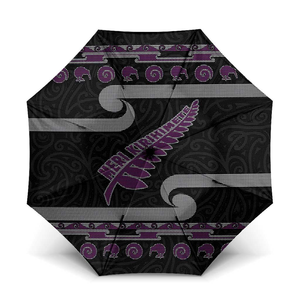 New Zealand Christmas Umbrella Meri Kirihimete Silver Fern Knit Style Purple Color - Polynesian Pride