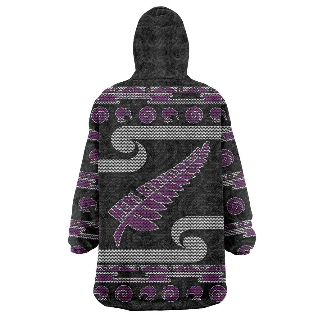 New Zealand Christmas Wearable Blanket Hoodie Meri Kirihimete Silver Fern Knit Style Purple Color - Polynesian Pride