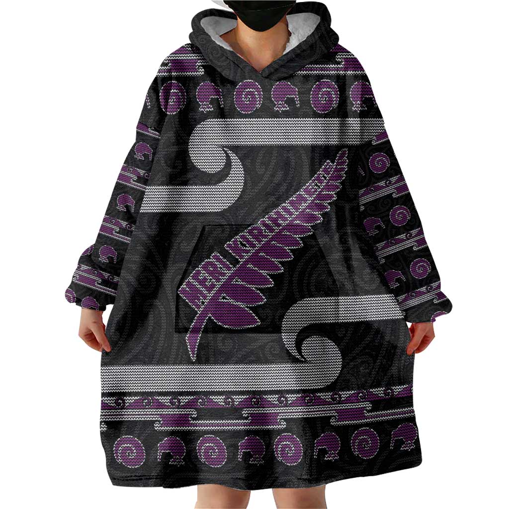 New Zealand Christmas Wearable Blanket Hoodie Meri Kirihimete Silver Fern Knit Style Purple Color - Polynesian Pride