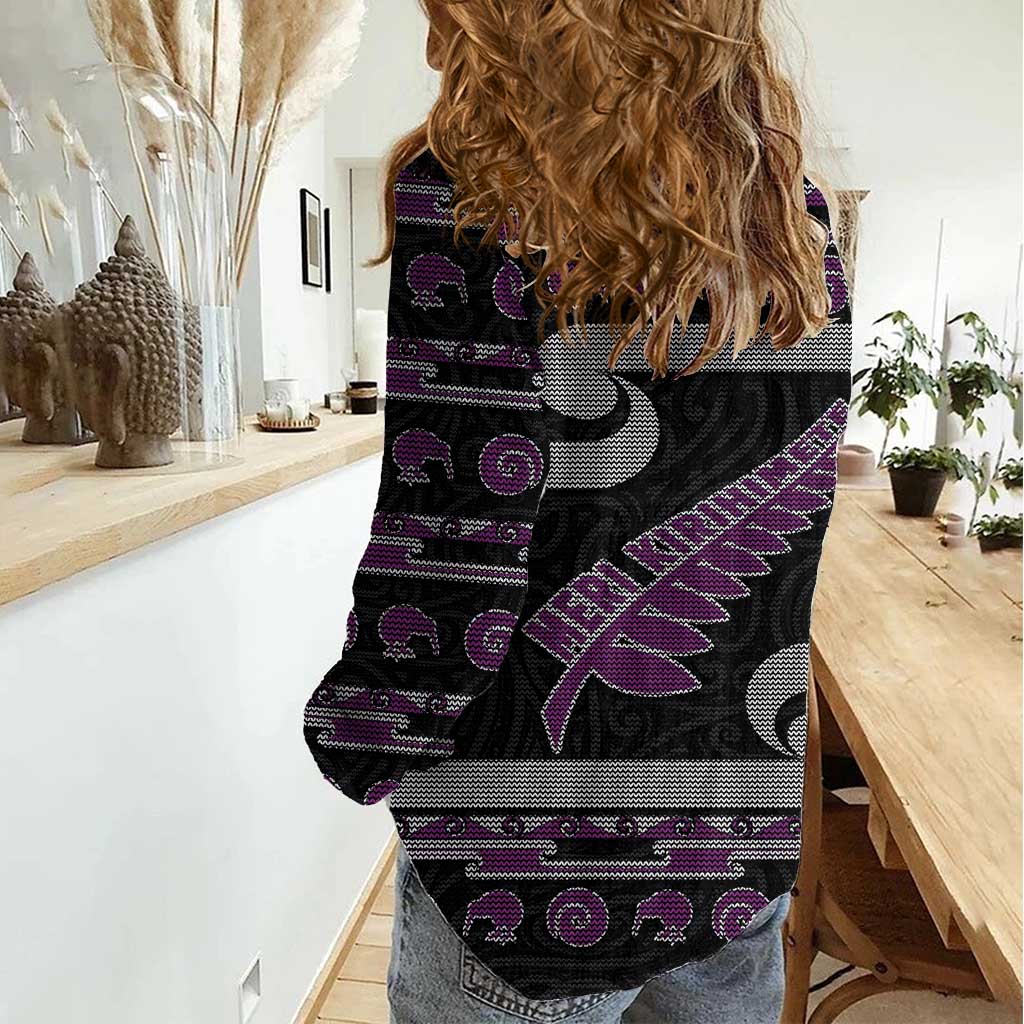 New Zealand Christmas Women Casual Shirt Meri Kirihimete Silver Fern Knit Style Purple Color LT03 - Polynesian Pride