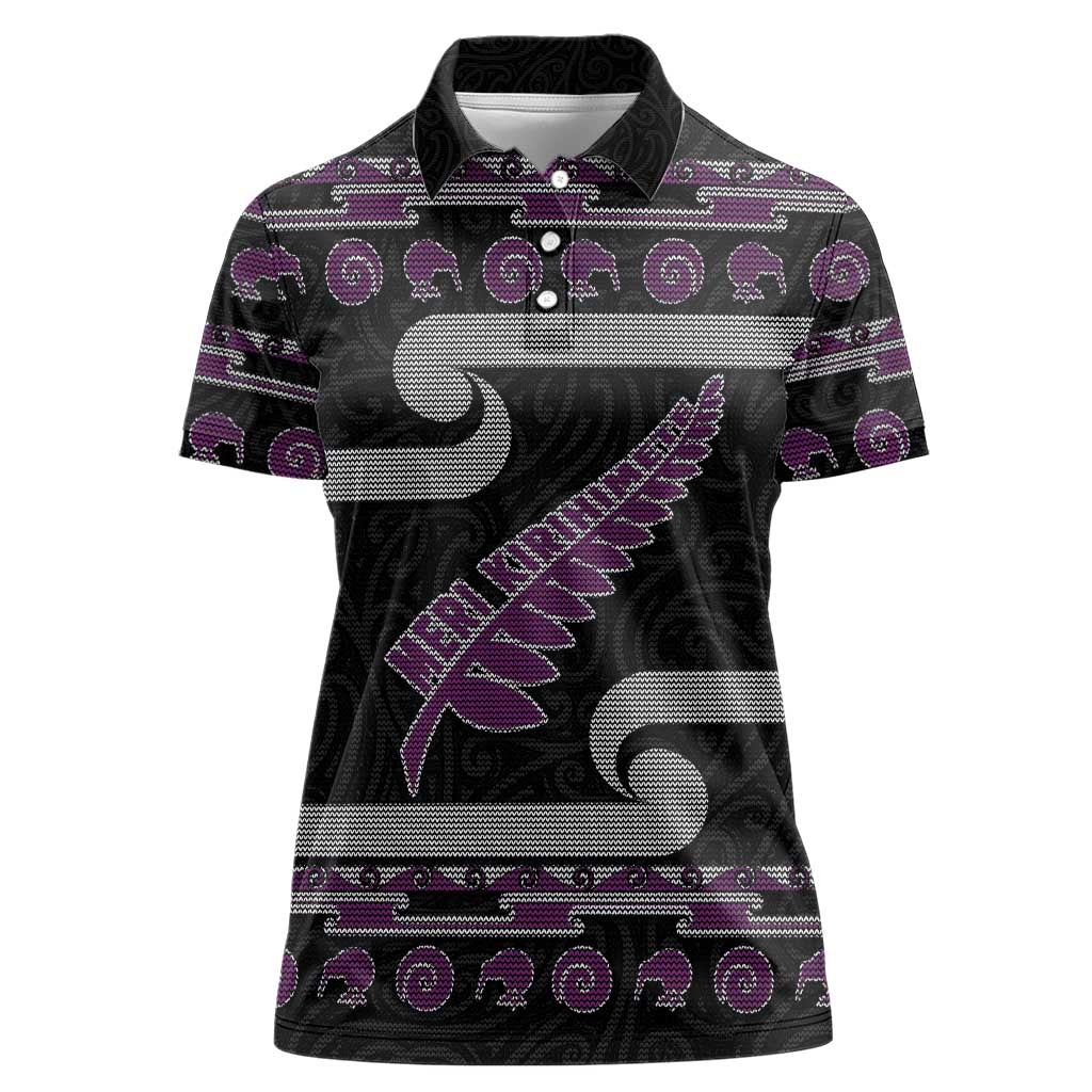 New Zealand Christmas Women Polo Shirt Meri Kirihimete Silver Fern Knit Style Purple Color - Polynesian Pride