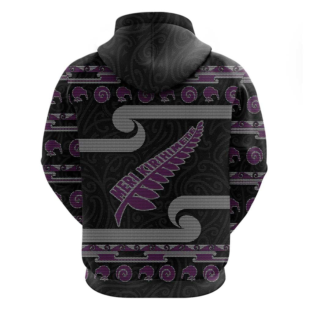 New Zealand Christmas Zip Hoodie Meri Kirihimete Silver Fern Knit Style Purple Color - Polynesian Pride