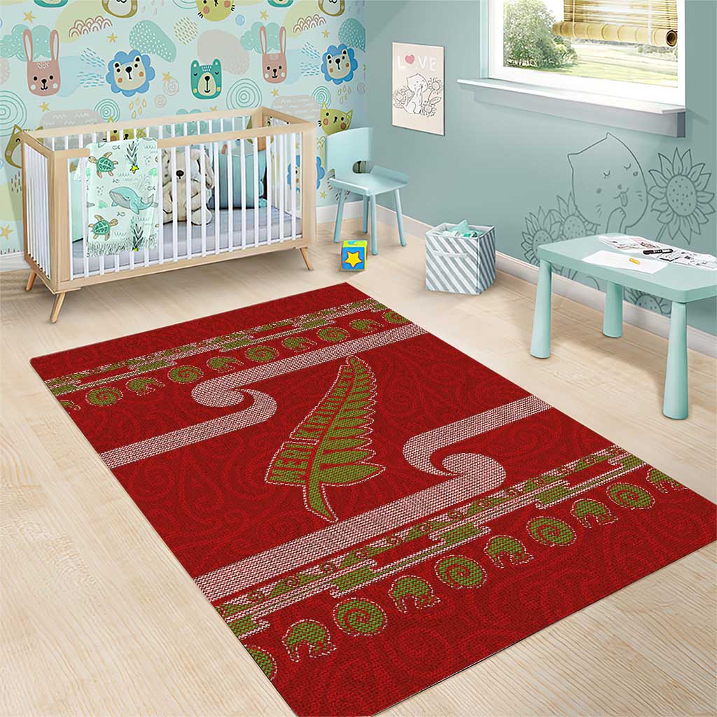 New Zealand Christmas Area Rug Meri Kirihimete Silver Fern Knit Style Green Color - Polynesian Pride