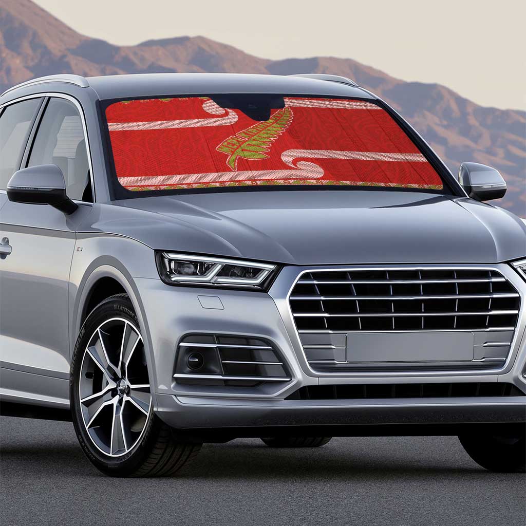 New Zealand Christmas Auto Sun Shade Meri Kirihimete Silver Fern Knit Style Green Color - Polynesian Pride