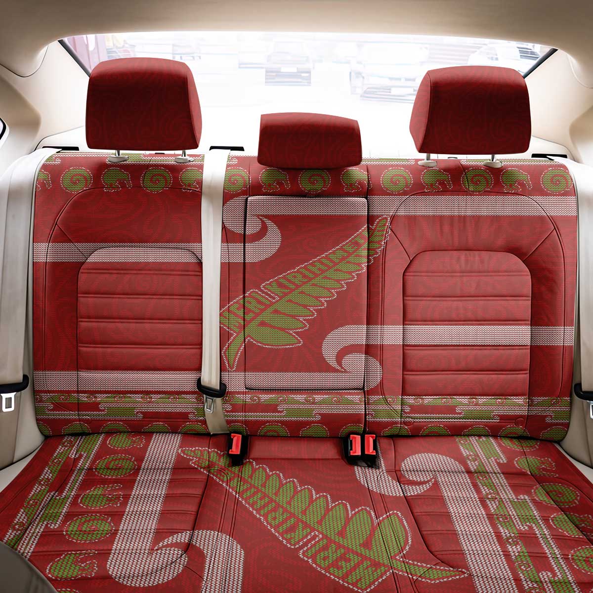 New Zealand Christmas Back Car Seat Cover Meri Kirihimete Silver Fern Knit Style Green Color - Polynesian Pride