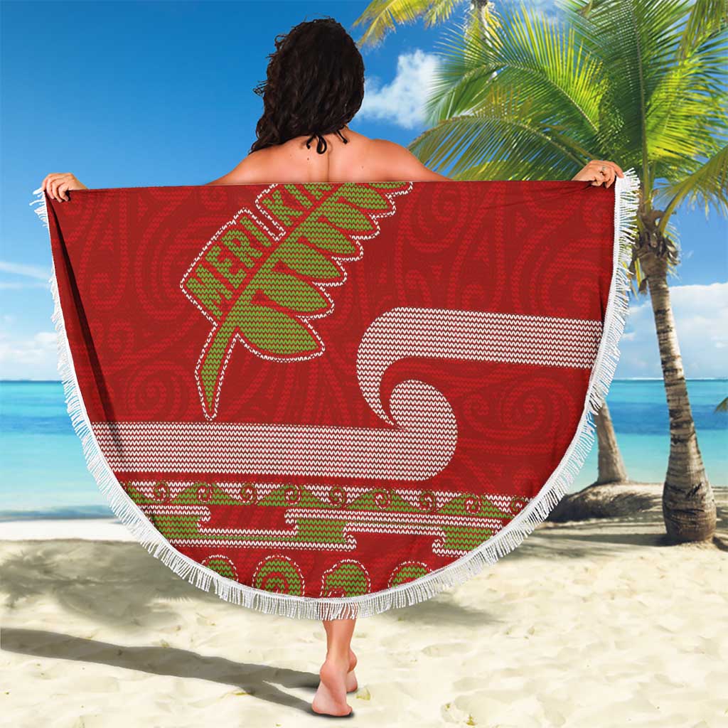 New Zealand Christmas Beach Blanket Meri Kirihimete Silver Fern Knit Style Green Color - Polynesian Pride