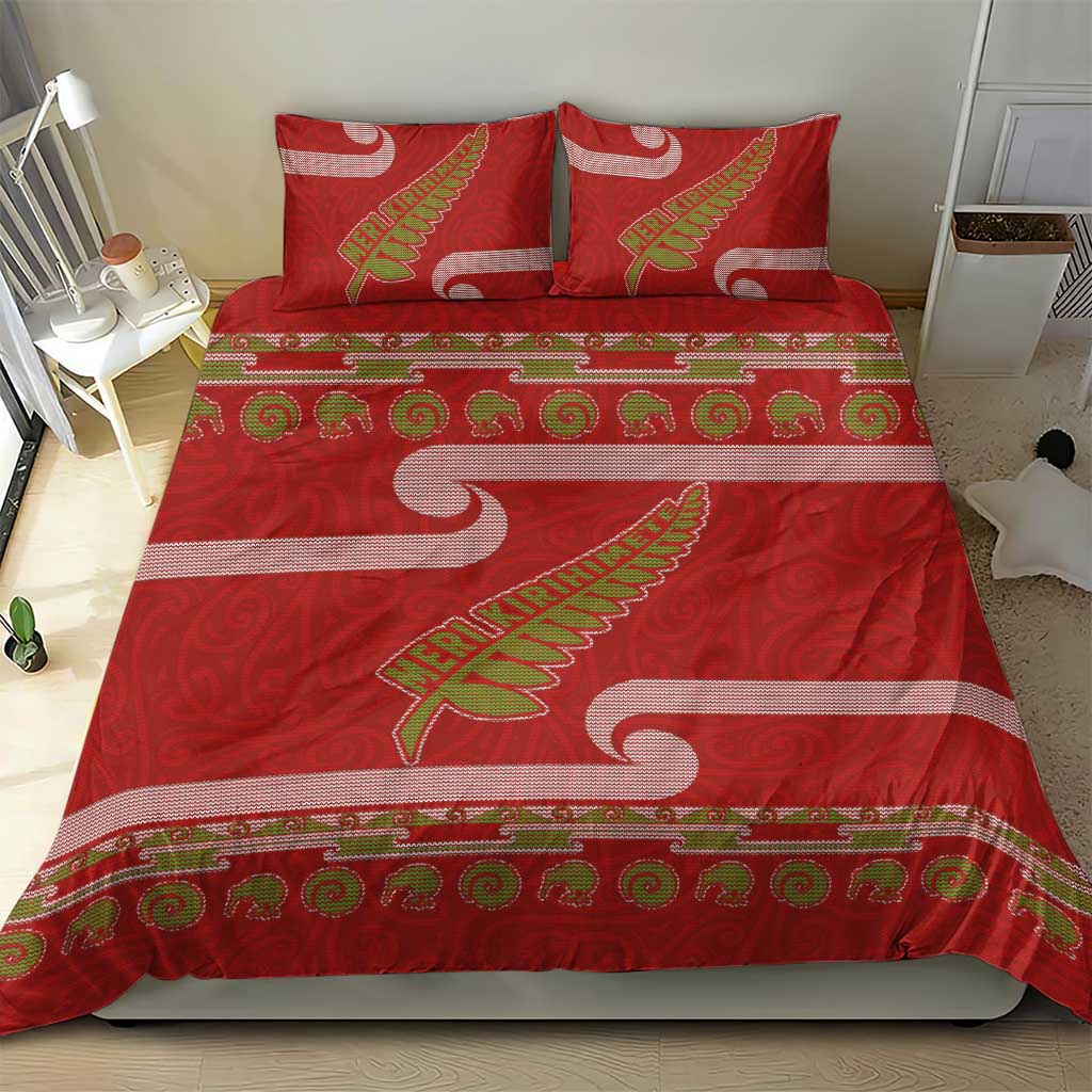 New Zealand Christmas Bedding Set Meri Kirihimete Silver Fern Knit Style Green Color - Polynesian Pride
