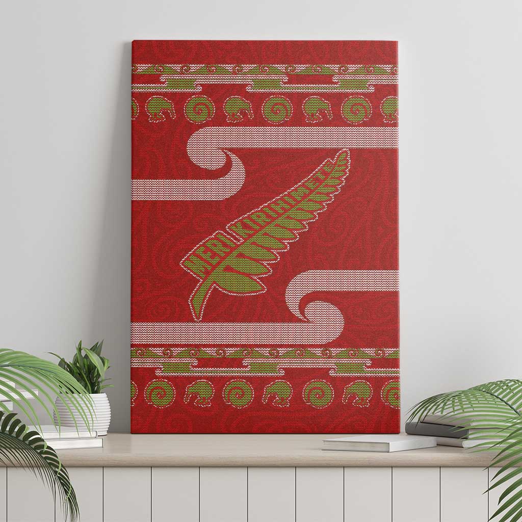 New Zealand Christmas Canvas Wall Art Meri Kirihimete Silver Fern Knit Style Green Color - Polynesian Pride