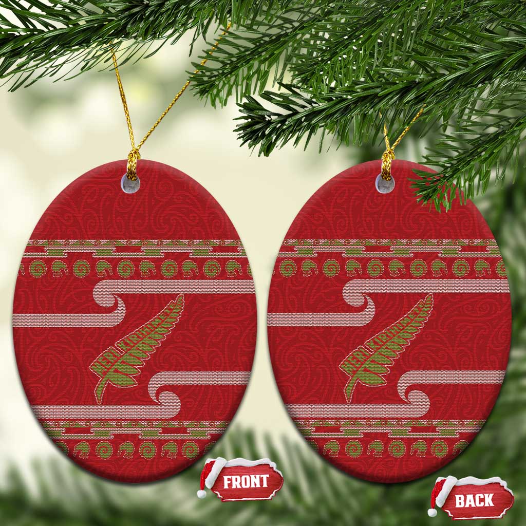 New Zealand Christmas Ceramic Ornament Meri Kirihimete Silver Fern Knit Style Green Color - Polynesian Pride