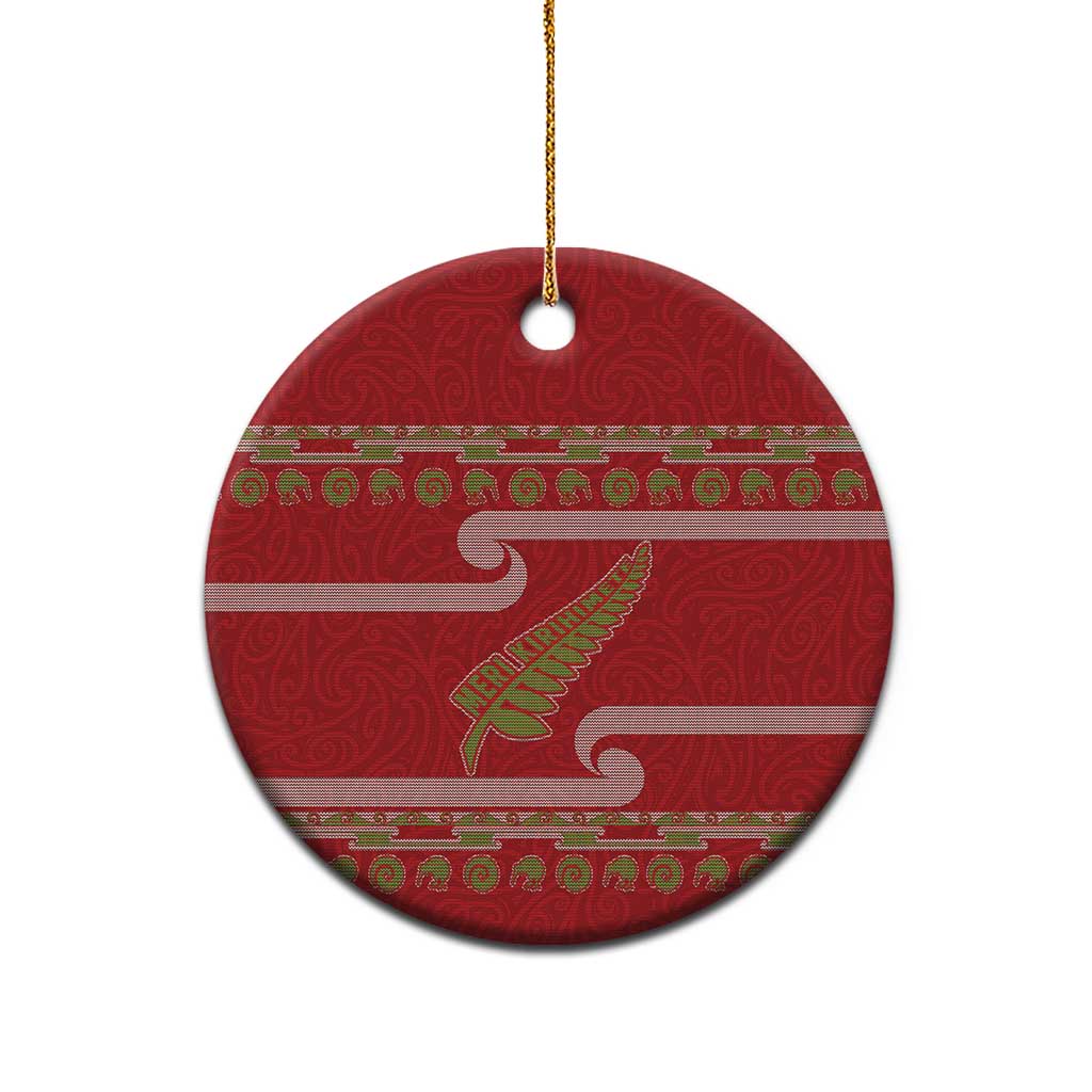 New Zealand Christmas Ceramic Ornament Meri Kirihimete Silver Fern Knit Style Green Color - Polynesian Pride