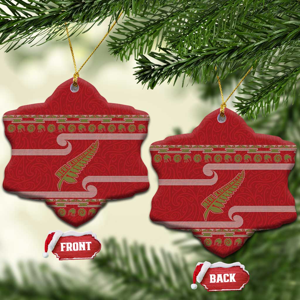 New Zealand Christmas Ceramic Ornament Meri Kirihimete Silver Fern Knit Style Green Color - Polynesian Pride