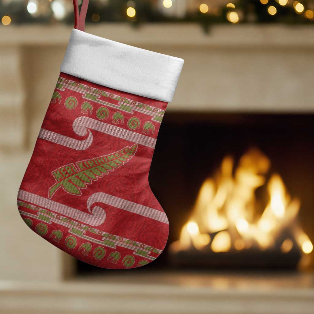 New Zealand Christmas Stocking Meri Kirihimete Silver Fern Knit Style Green Color - Polynesian Pride