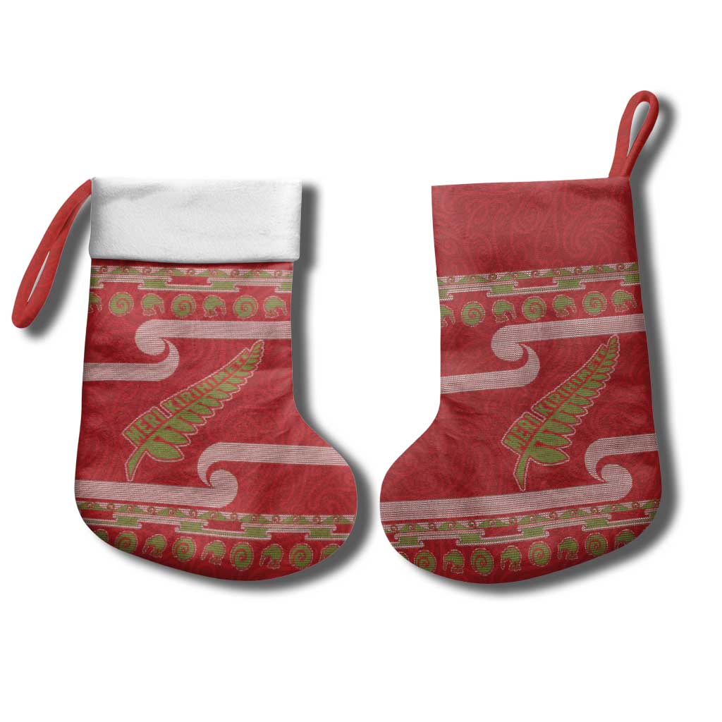 New Zealand Christmas Stocking Meri Kirihimete Silver Fern Knit Style Green Color - Polynesian Pride