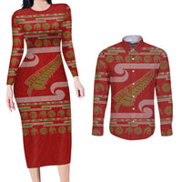 New Zealand Christmas Couples Matching Long Sleeve Bodycon Dress and Long Sleeve Button Shirt Meri Kirihimete Silver Fern Knit Style Green Color - Polynesian Pride