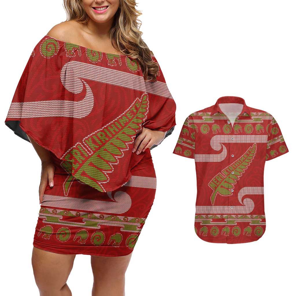 New Zealand Christmas Couples Matching Off Shoulder Short Dress and Hawaiian Shirt Meri Kirihimete Silver Fern Knit Style Green Color - Polynesian Pride