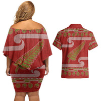 New Zealand Christmas Couples Matching Off Shoulder Short Dress and Hawaiian Shirt Meri Kirihimete Silver Fern Knit Style Green Color - Polynesian Pride