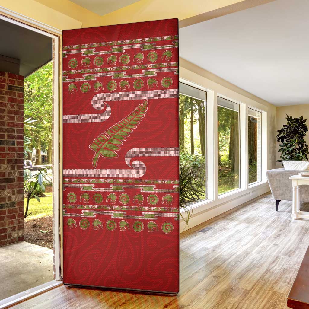 New Zealand Christmas Door Cover Meri Kirihimete Silver Fern Knit Style Green Color - Polynesian Pride