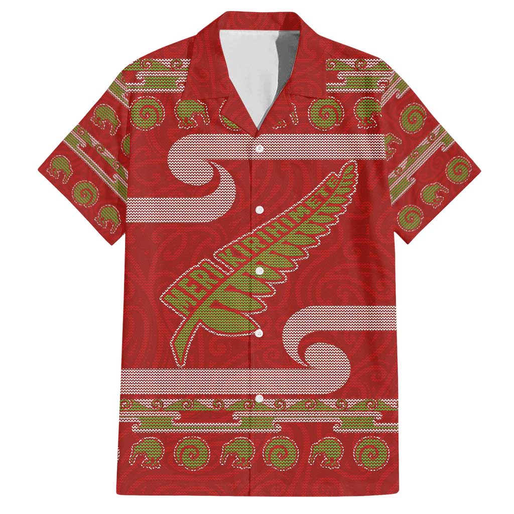 New Zealand Christmas Family Matching Long Sleeve Bodycon Dress and Hawaiian Shirt Meri Kirihimete Silver Fern Knit Style Green Color - Polynesian Pride