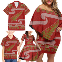 New Zealand Christmas Family Matching Off Shoulder Short Dress and Hawaiian Shirt Meri Kirihimete Silver Fern Knit Style Green Color - Polynesian Pride