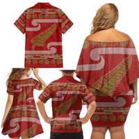 New Zealand Christmas Family Matching Off Shoulder Short Dress and Hawaiian Shirt Meri Kirihimete Silver Fern Knit Style Green Color - Polynesian Pride