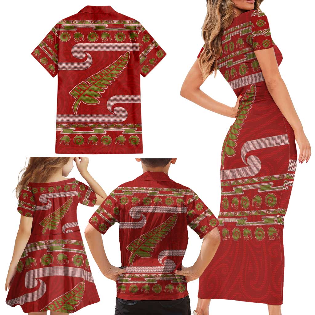 New Zealand Christmas Family Matching Short Sleeve Bodycon Dress and Hawaiian Shirt Meri Kirihimete Silver Fern Knit Style Green Color - Polynesian Pride