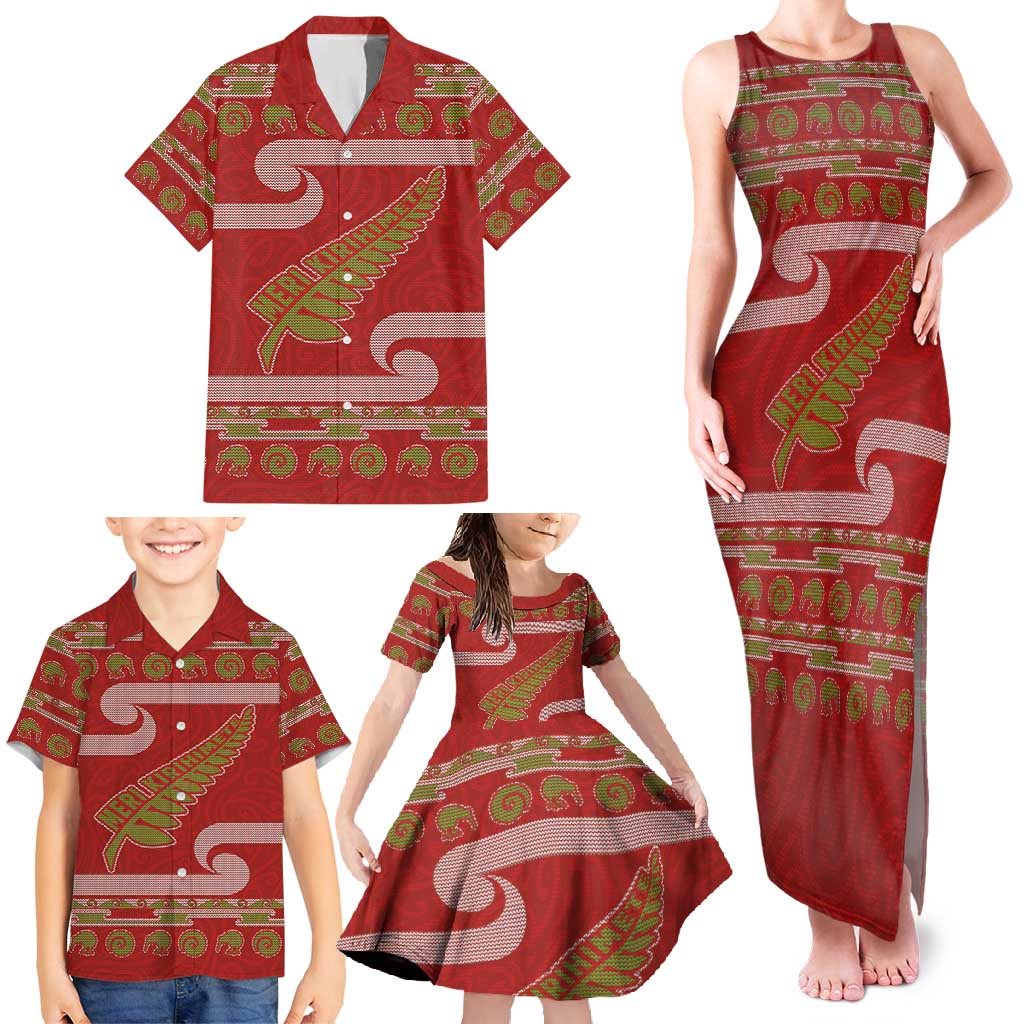 New Zealand Christmas Family Matching Tank Maxi Dress and Hawaiian Shirt Meri Kirihimete Silver Fern Knit Style Green Color - Polynesian Pride