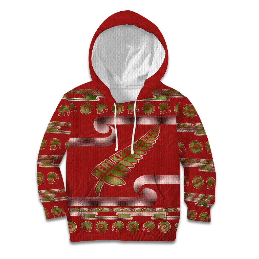 New Zealand Christmas Kid Hoodie Meri Kirihimete Silver Fern Knit Style Green Color - Polynesian Pride