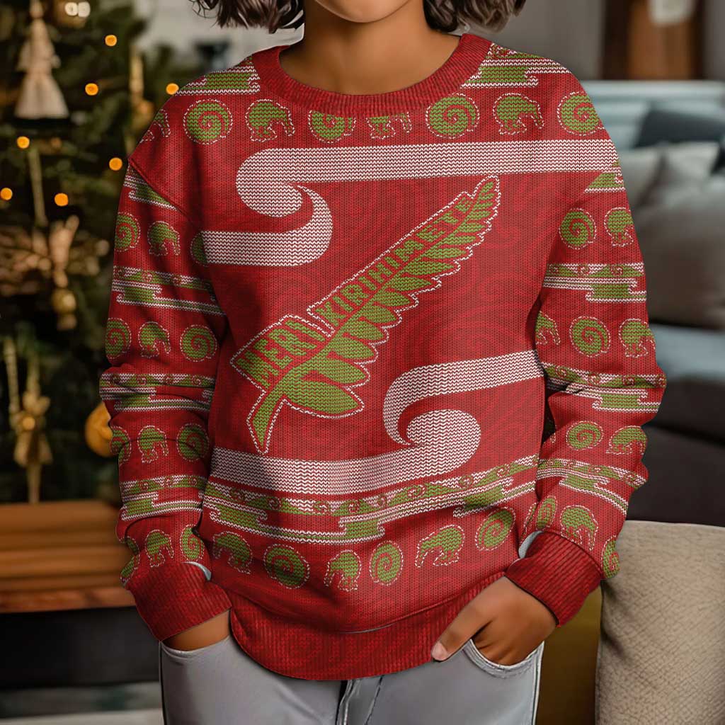 New Zealand Christmas Kid Ugly Christmas Sweater Meri Kirihimete Silver Fern Knit Style Green Color LT03 - Polynesian Pride
