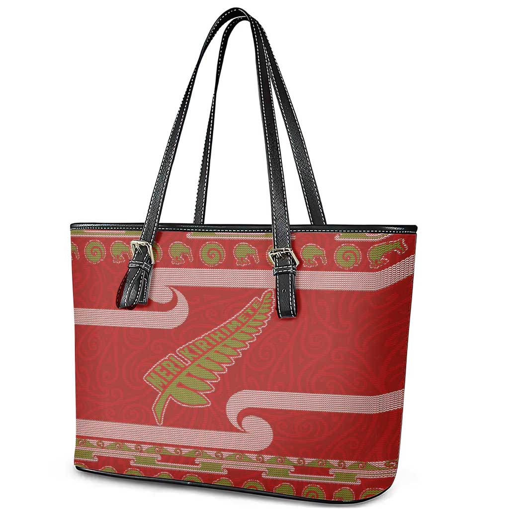 New Zealand Christmas Leather Tote Bag Meri Kirihimete Silver Fern Knit Style Green Color - Polynesian Pride