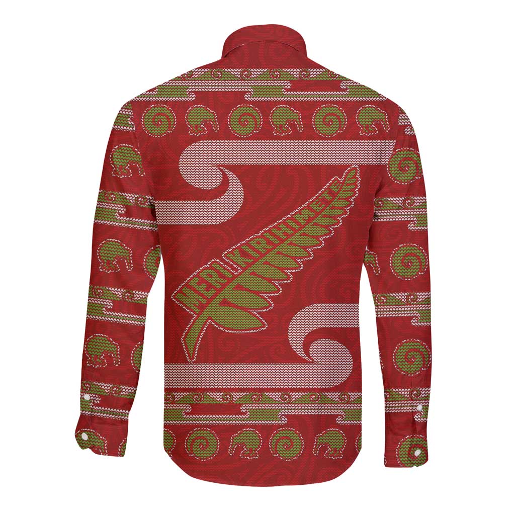 New Zealand Christmas Long Sleeve Button Shirt Meri Kirihimete Silver Fern Knit Style Green Color - Polynesian Pride