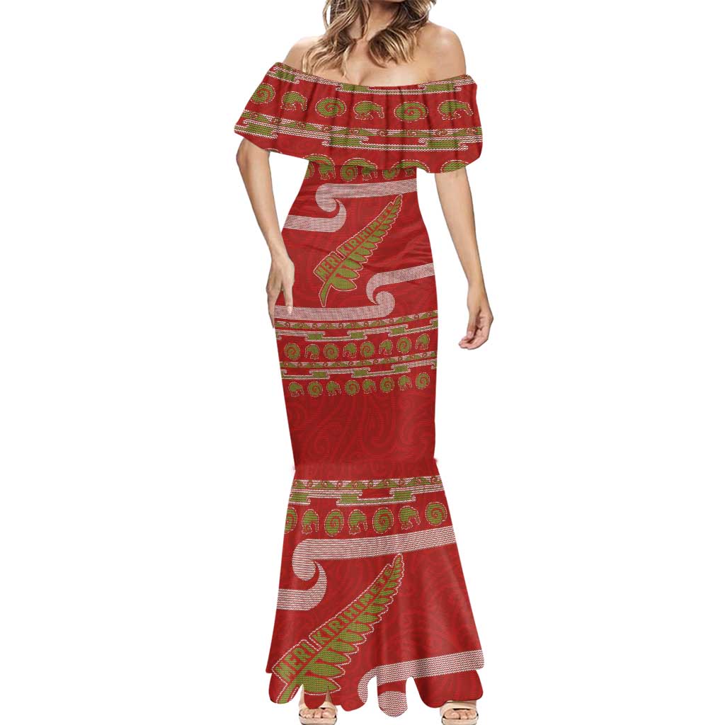 New Zealand Christmas Mermaid Dress Meri Kirihimete Silver Fern Knit Style Green Color - Polynesian Pride