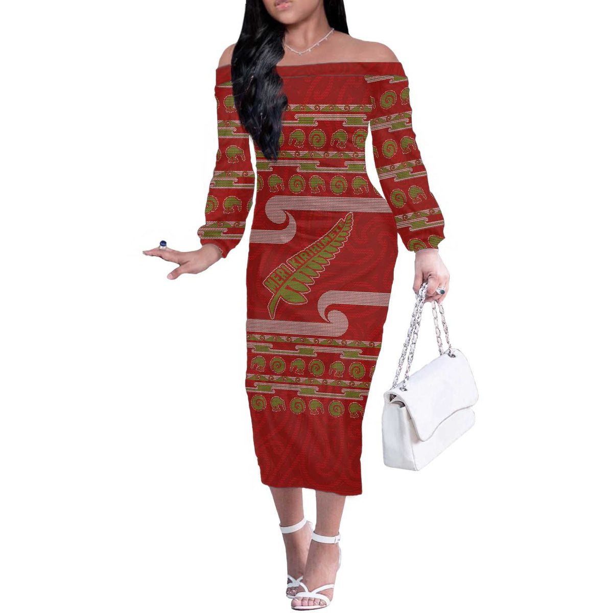 New Zealand Christmas Off The Shoulder Long Sleeve Dress Meri Kirihimete Silver Fern Knit Style Green Color - Polynesian Pride
