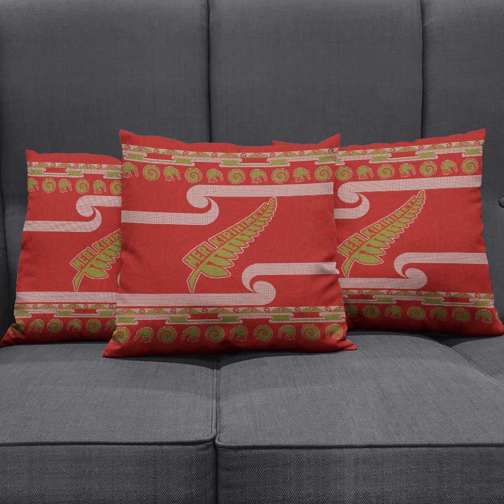New Zealand Christmas Pillow Cover Meri Kirihimete Silver Fern Knit Style Green Color - Polynesian Pride
