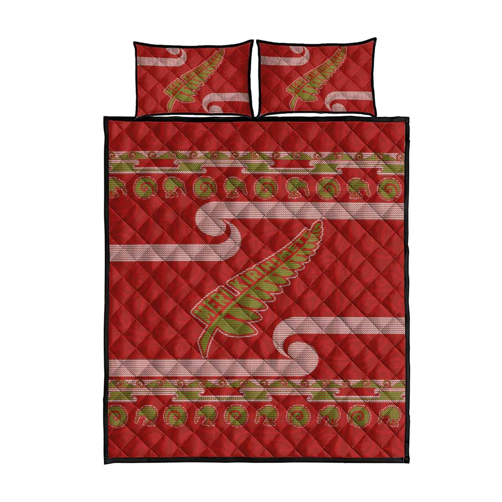 New Zealand Christmas Quilt Bed Set Meri Kirihimete Silver Fern Knit Style Green Color - Polynesian Pride