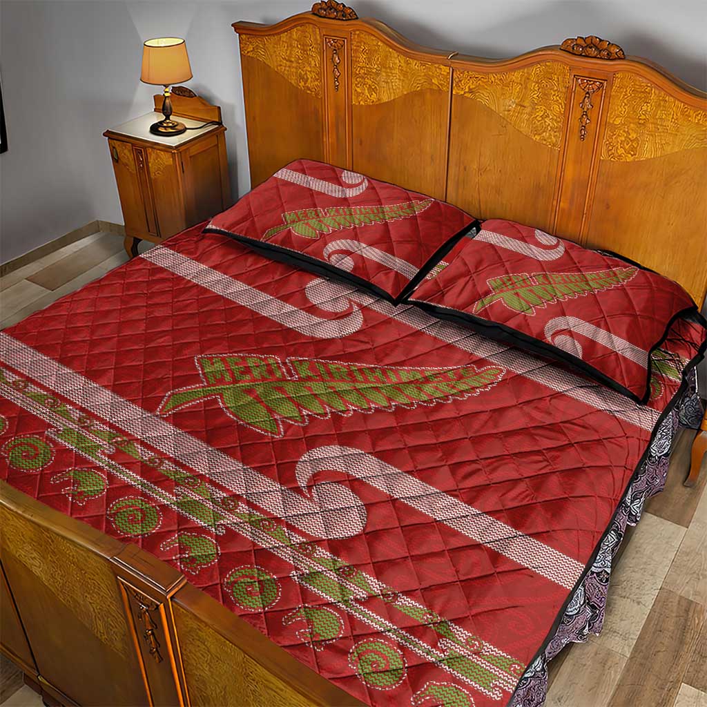 New Zealand Christmas Quilt Bed Set Meri Kirihimete Silver Fern Knit Style Green Color - Polynesian Pride