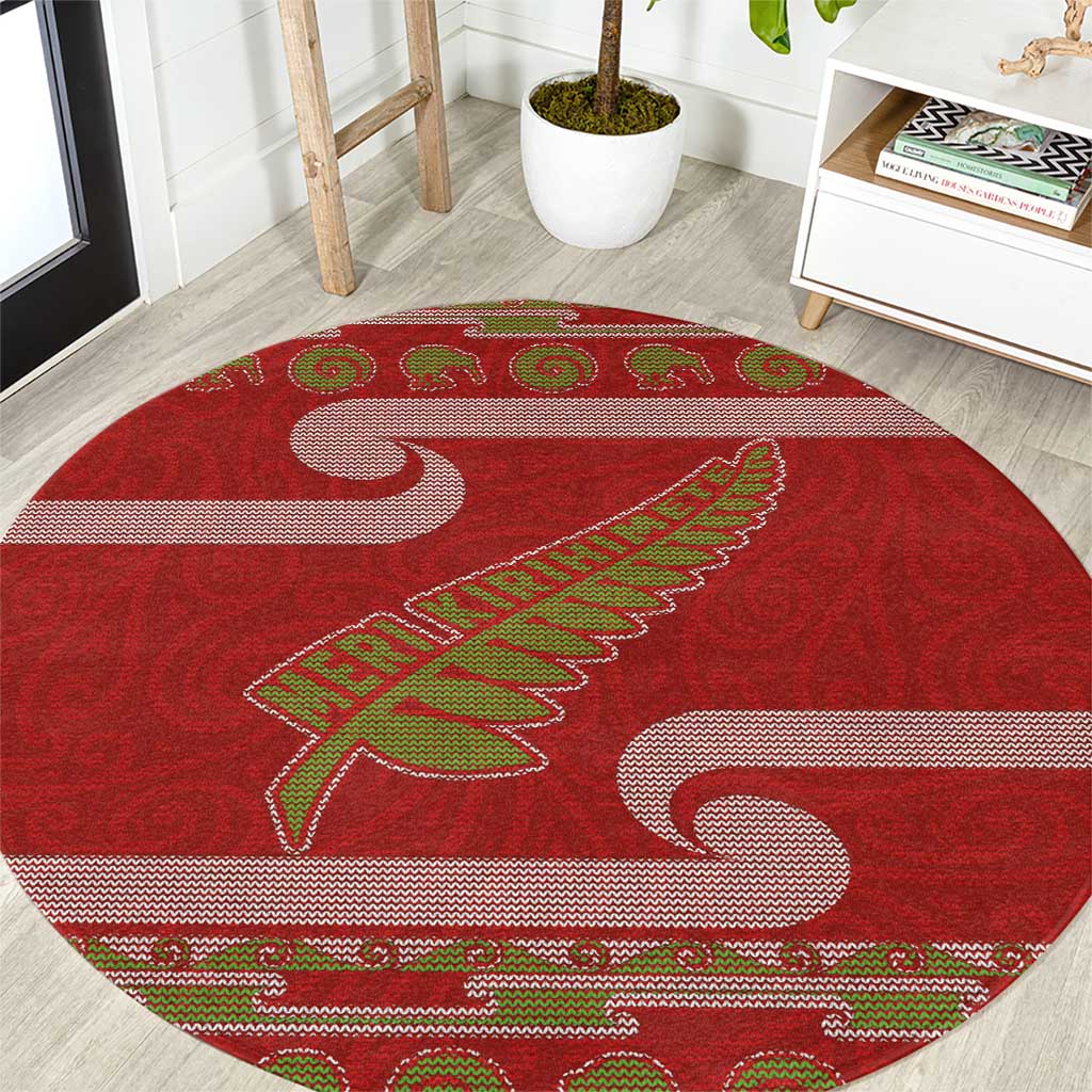 New Zealand Christmas Round Carpet Meri Kirihimete Silver Fern Knit Style Green Color - Polynesian Pride