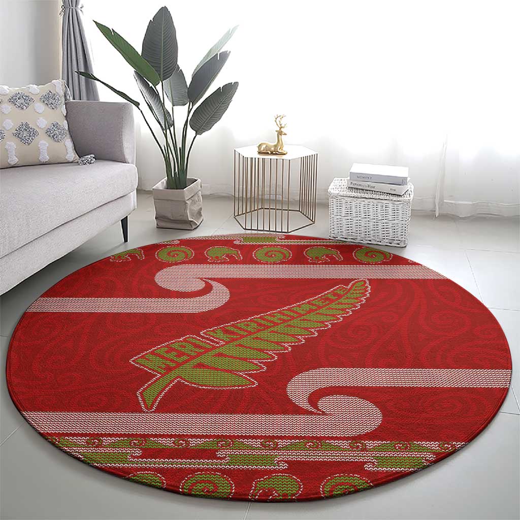 New Zealand Christmas Round Carpet Meri Kirihimete Silver Fern Knit Style Green Color - Polynesian Pride