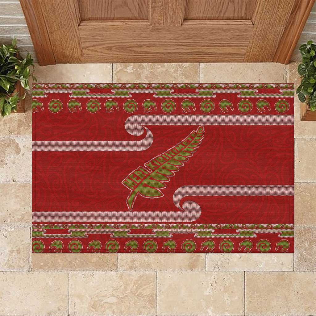 New Zealand Christmas Rubber Doormat Meri Kirihimete Silver Fern Knit Style Green Color - Polynesian Pride