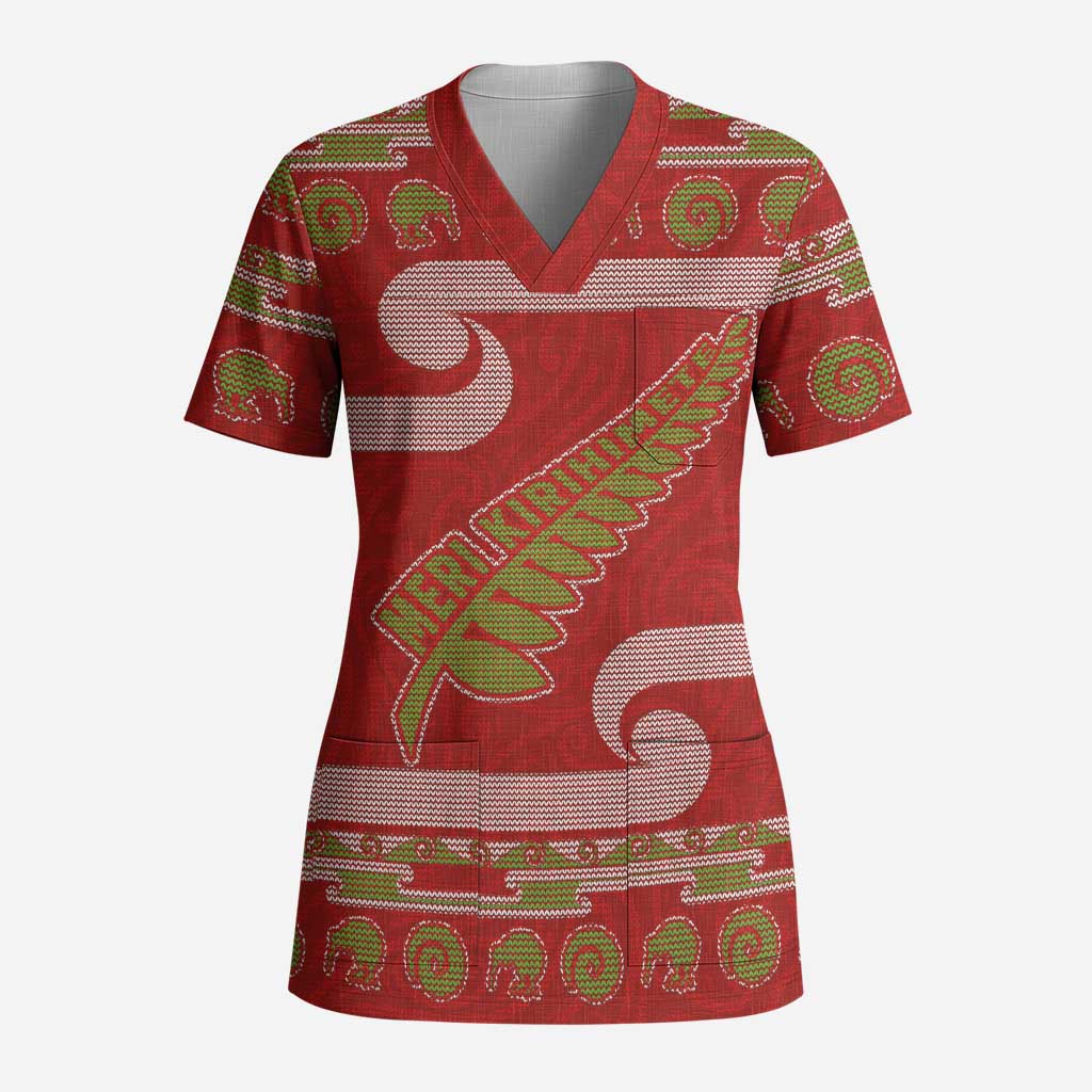 New Zealand Christmas Scrub Top Meri Kirihimete Silver Fern Knit Style Green Color - Polynesian Pride