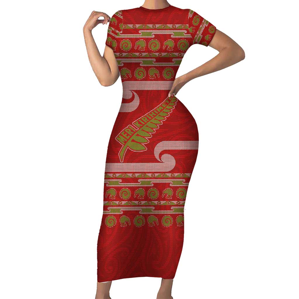 New Zealand Christmas Short Sleeve Bodycon Dress Meri Kirihimete Silver Fern Knit Style Green Color - Polynesian Pride