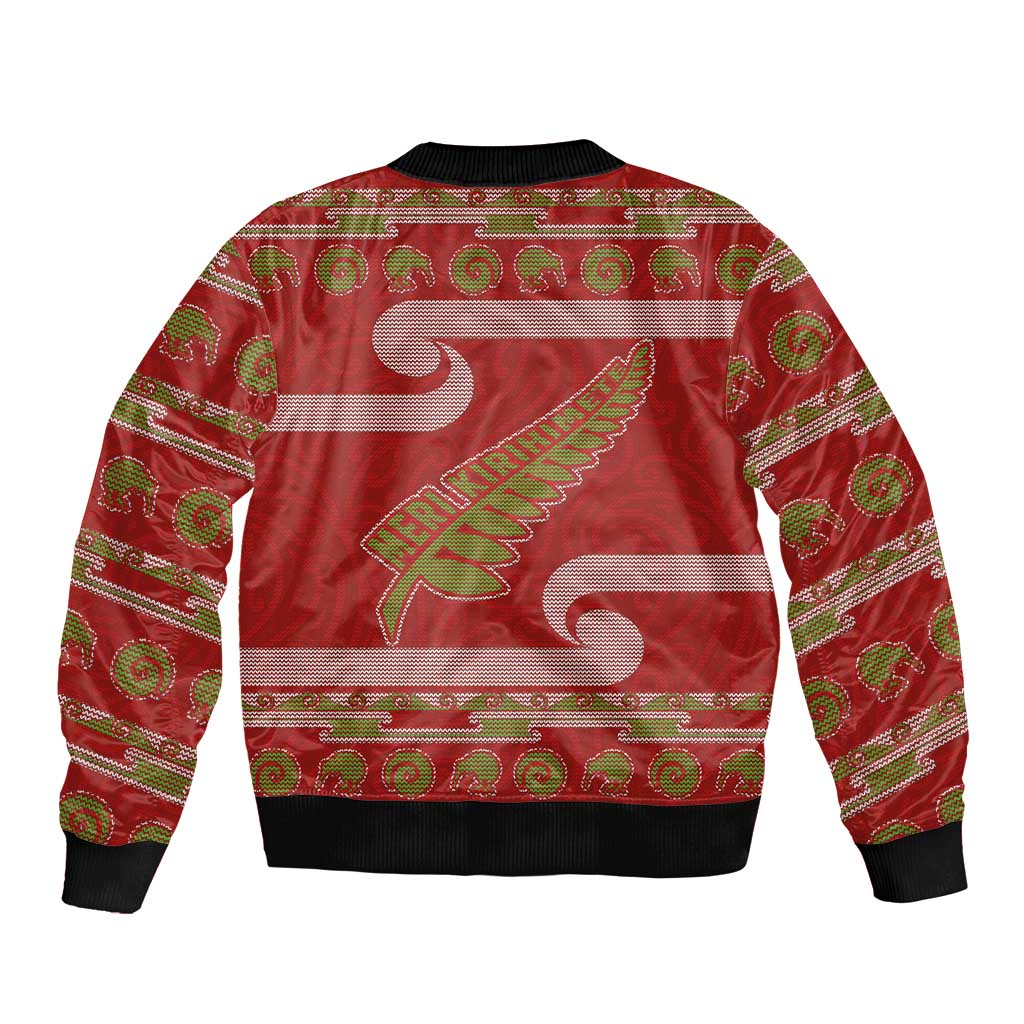 New Zealand Christmas Sleeve Zip Bomber Jacket Meri Kirihimete Silver Fern Knit Style Green Color - Polynesian Pride