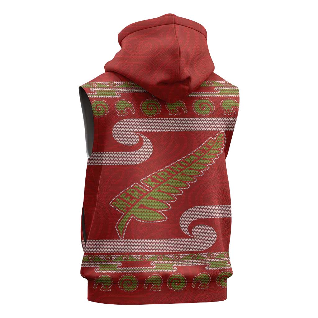 New Zealand Christmas Sleeveless Zip Hoodie Meri Kirihimete Silver Fern Knit Style Green Color - Polynesian Pride