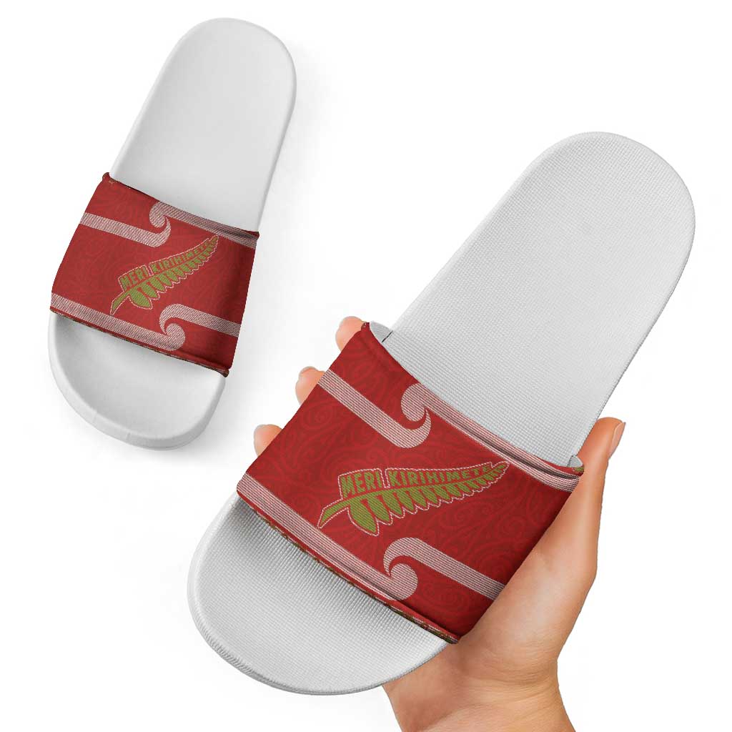 New Zealand Christmas Slide Sandals Meri Kirihimete Silver Fern Knit Style Green Color - Polynesian Pride