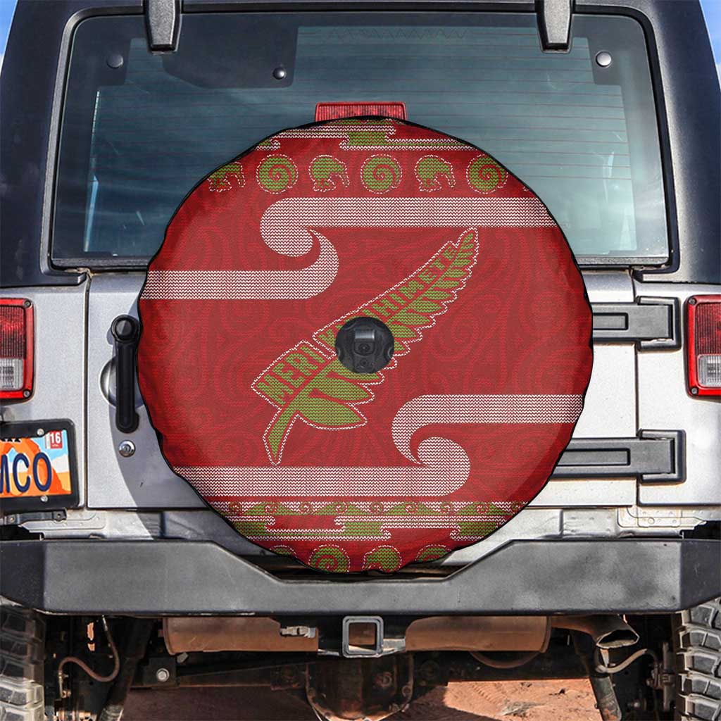 New Zealand Christmas Spare Tire Cover Meri Kirihimete Silver Fern Knit Style Green Color - Polynesian Pride