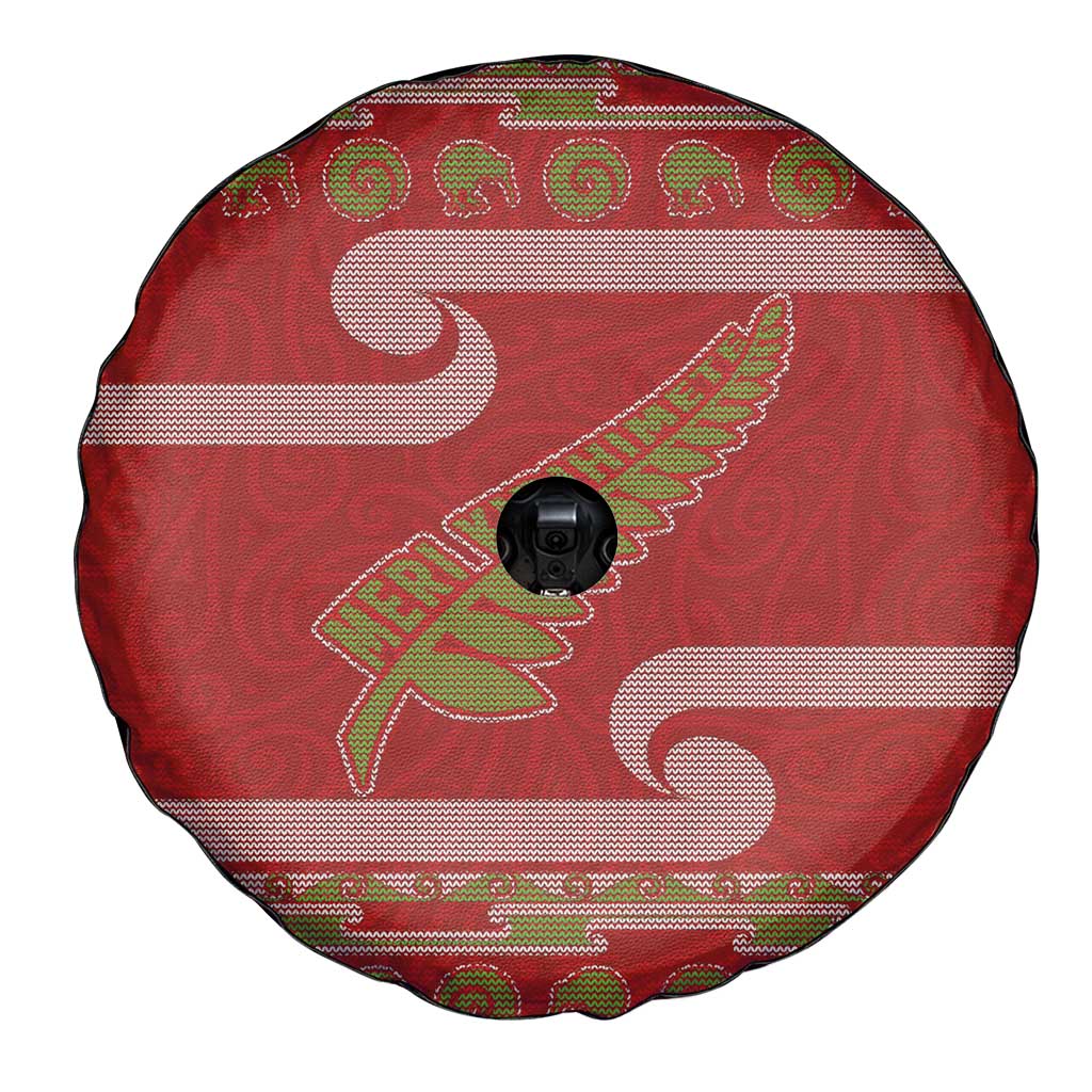 New Zealand Christmas Spare Tire Cover Meri Kirihimete Silver Fern Knit Style Green Color - Polynesian Pride