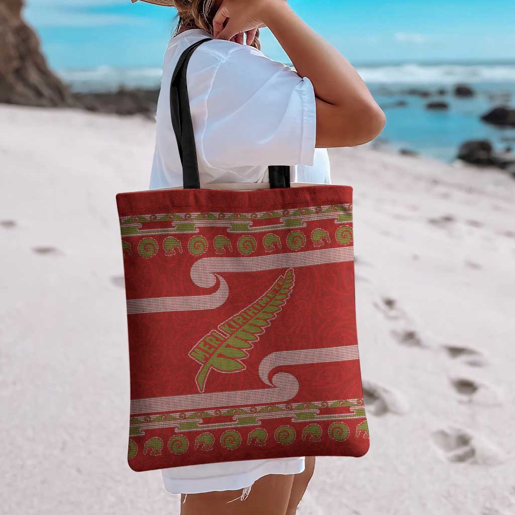 New Zealand Christmas Tote Bag Meri Kirihimete Silver Fern Knit Style Green Color - Polynesian Pride